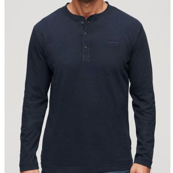 Superdry Top Vintage Logo Embroidered Half Button Henley Navy Tshirt XXL 2XL - Picture 1 of 6